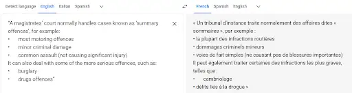 screenshot with an English into French translation on Google Translate