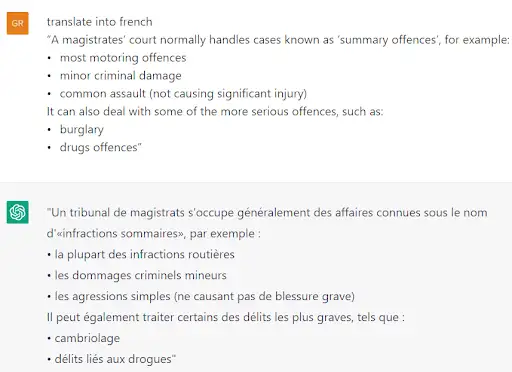screenshot with an English into French translation on ChatGPT
